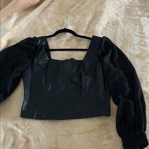Bar III Black Leather Crop Top with Romantic Mesh Puff Sleeves